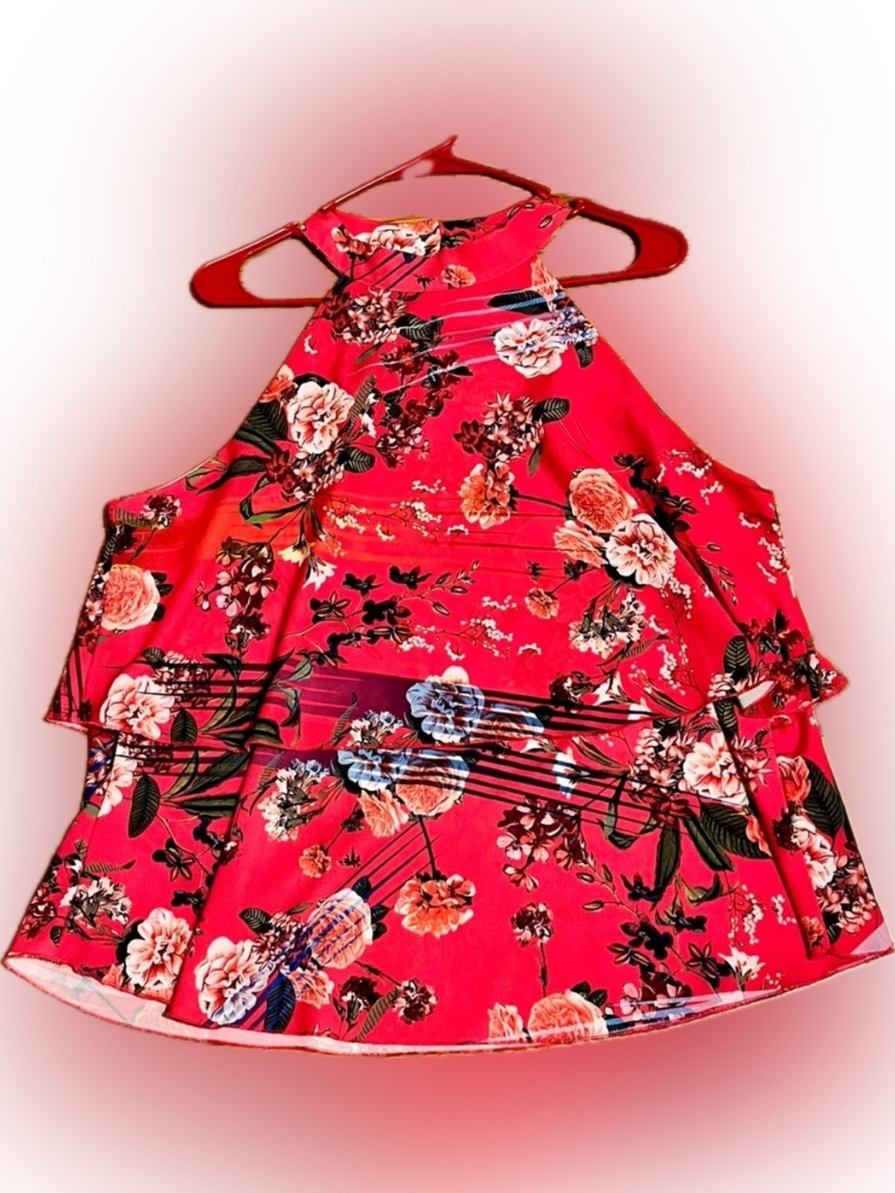 Isle Red Floral Halter Neck Top Chiffon Layered Tropical Boho Summer Vacation XL